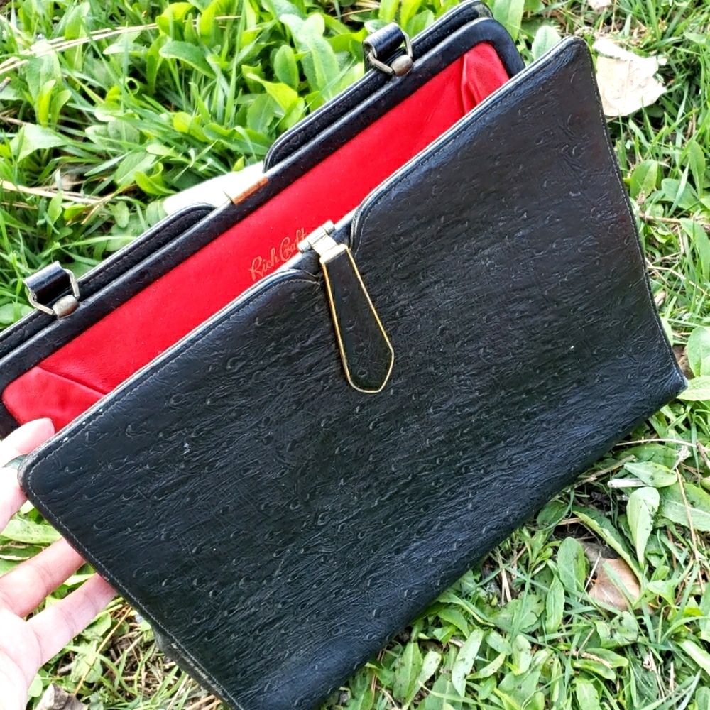 Vtg Black Ostrich Leather Red Designer Hand Bag